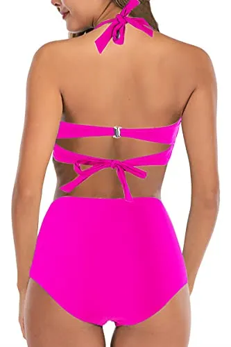 Adisputent Womens High Waisted Bathing Suits Push Up Halter Top Ruched Bottoms Bikini Sexy Tummy Control Two Piece Swimsuits Rose XXL