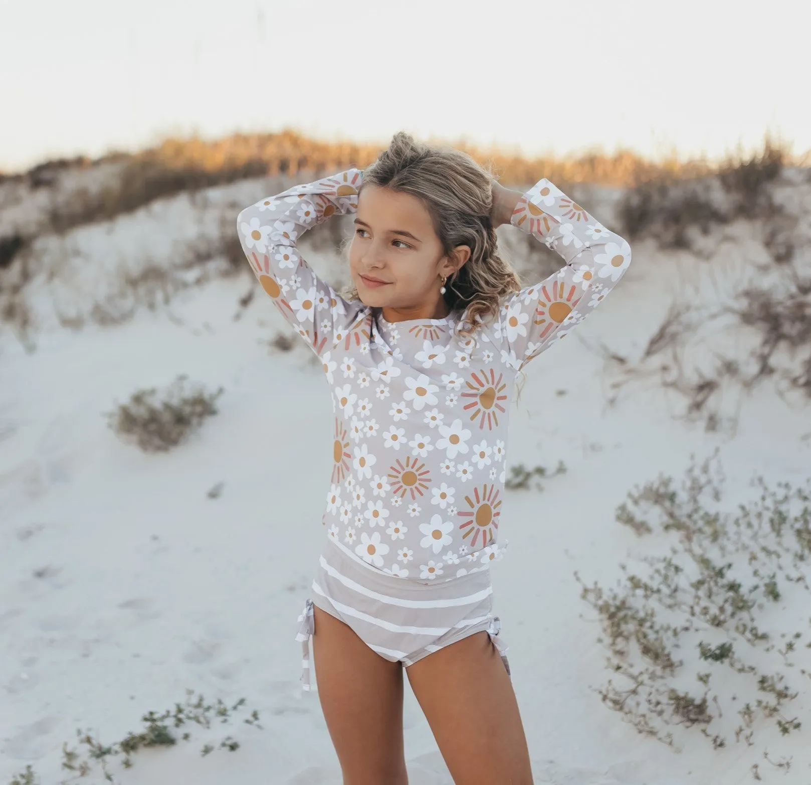 Beige Sun Long Sleeve Rash Guard Swimsuit