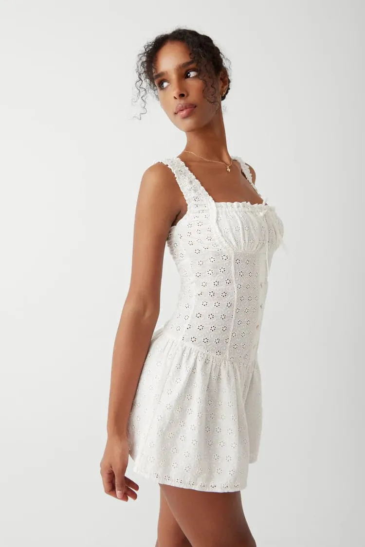 Frankies Bikinis Christa Eyelet Mini Dress as seen on Hailey Baldwin