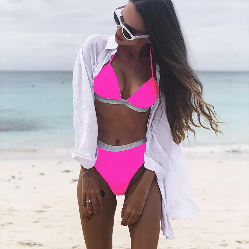 Halter Plain Strappy High Rise Thong Bottom Bikinis