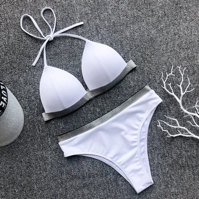 Halter Plain Strappy High Rise Thong Bottom Bikinis