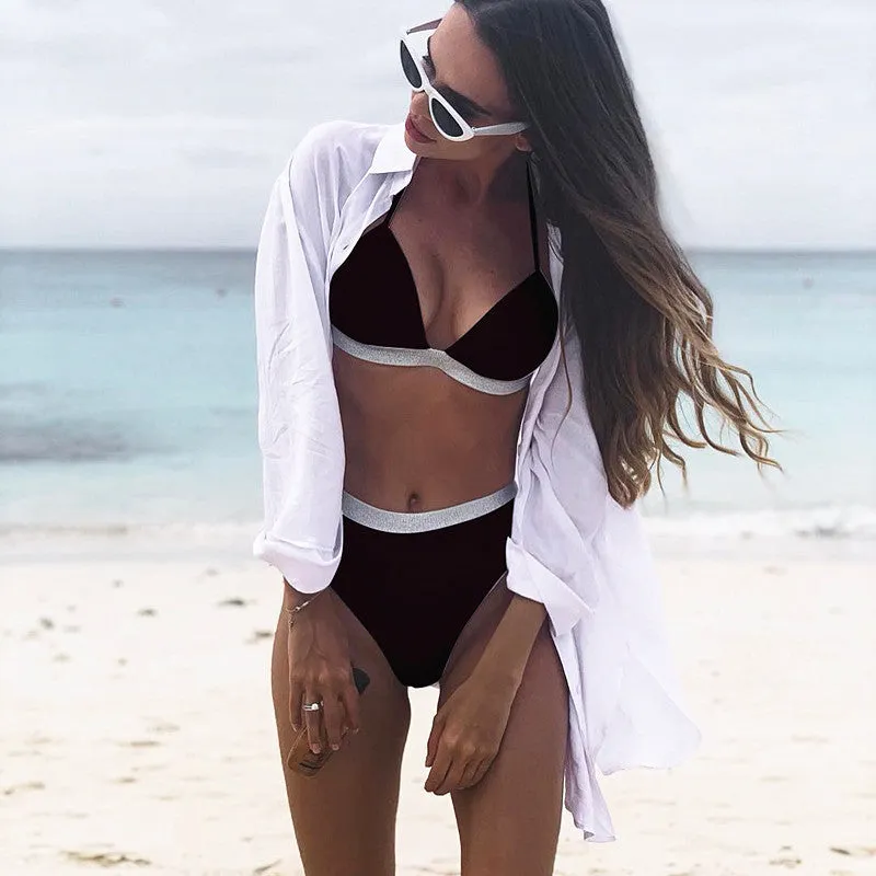Halter Plain Strappy High Rise Thong Bottom Bikinis
