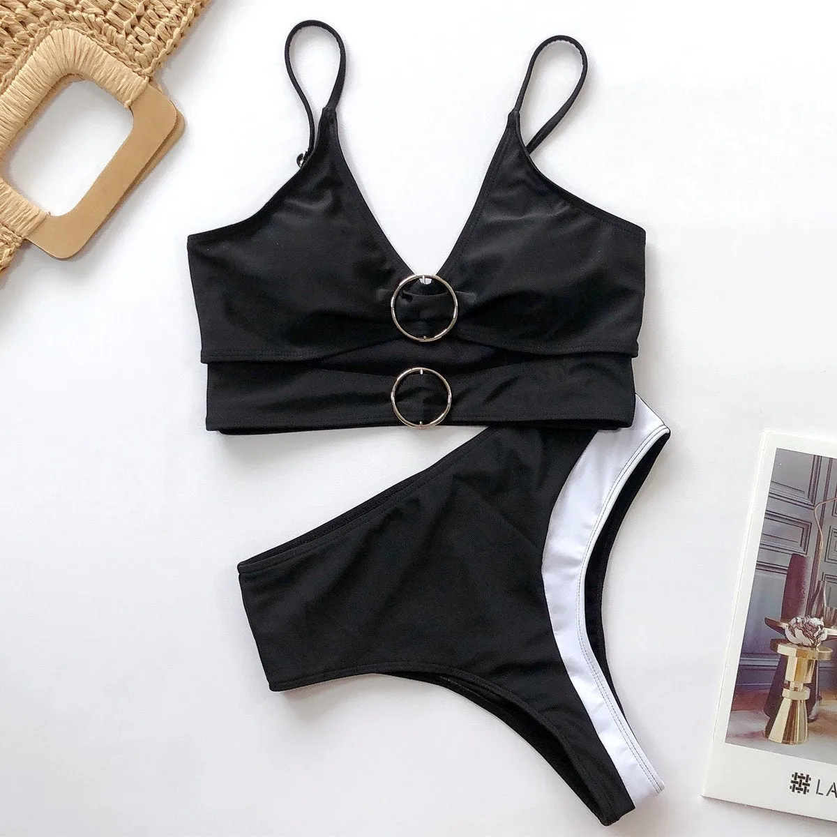 Hot Black Plain High Rise Triangle Bikinis