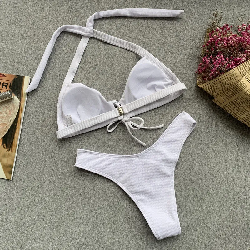 Plain Halter Strappy Mid Rise Thong Bottom Bikinis