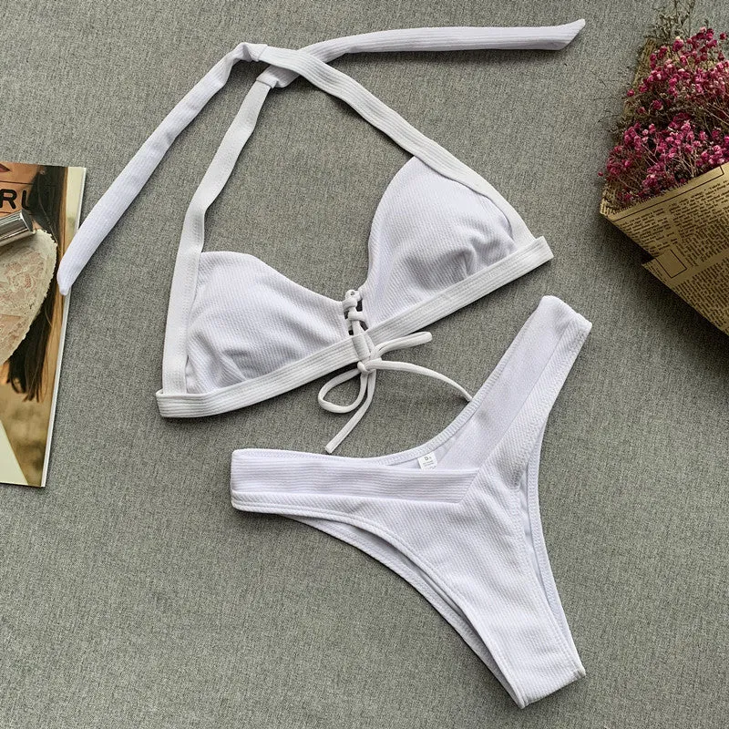 Plain Halter Strappy Mid Rise Thong Bottom Bikinis
