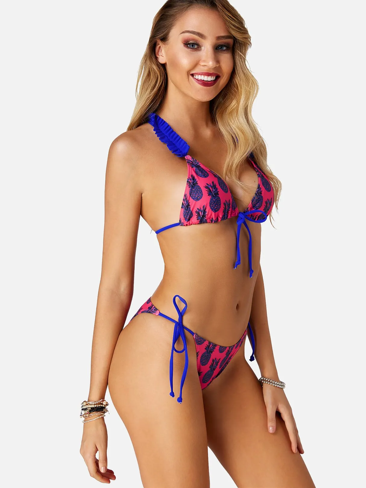 Wholesale Blue V-Neck Sleeveless Printed Tie-Up Bikini Set