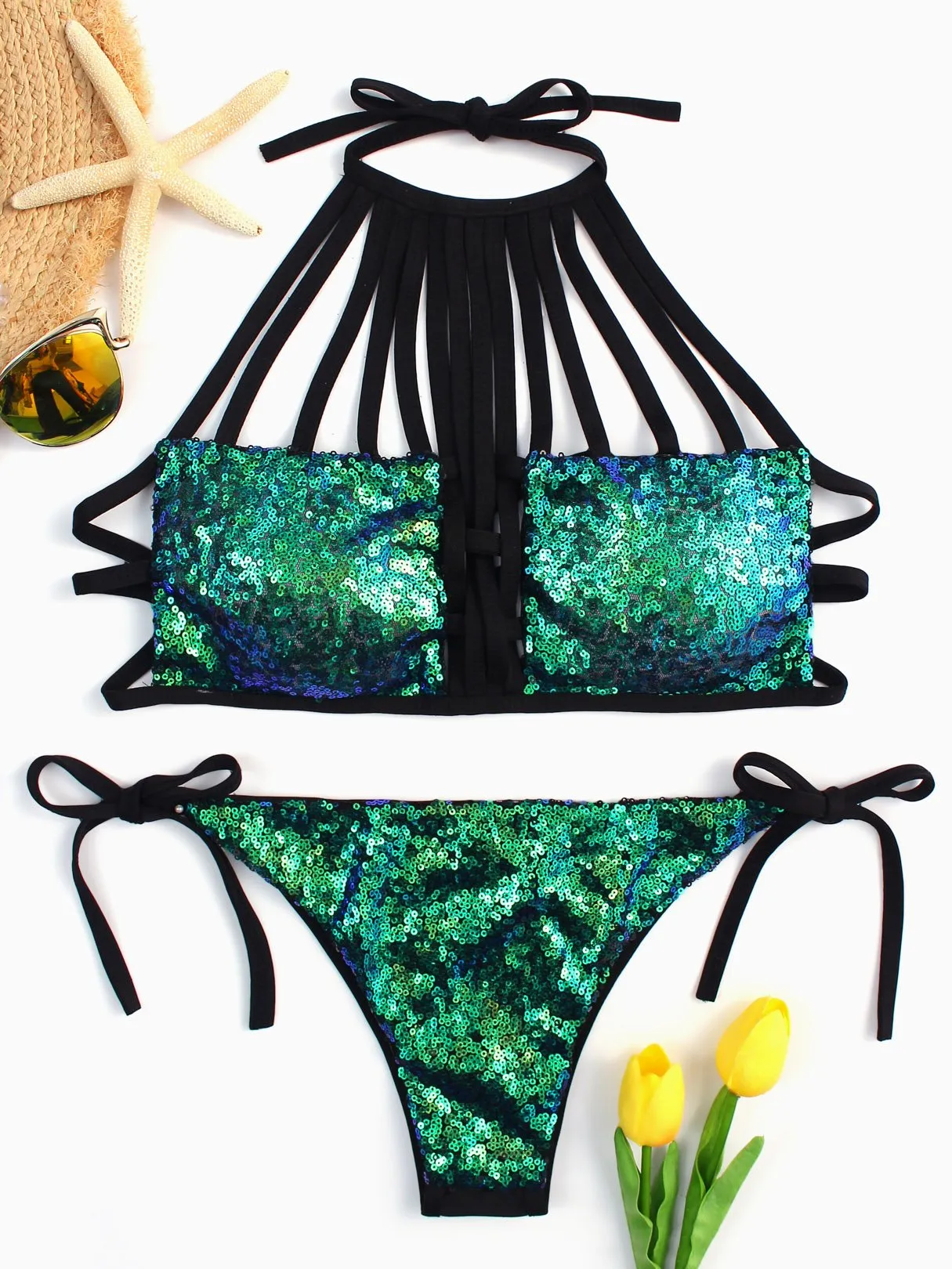 Wholesale Green Halter Sleeveless Plain Backless Lace-Up Cut Out Sequins Embellished Bikinis