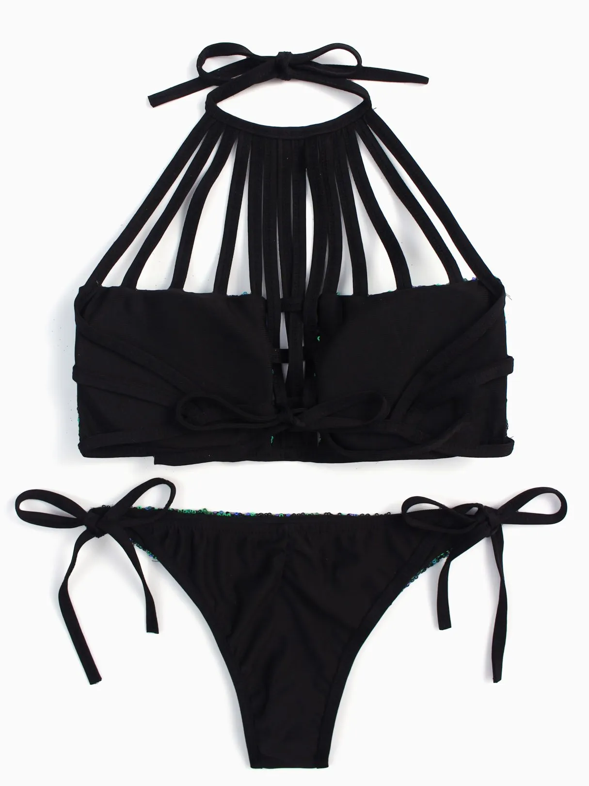 Wholesale Green Halter Sleeveless Plain Backless Lace-Up Cut Out Sequins Embellished Bikinis